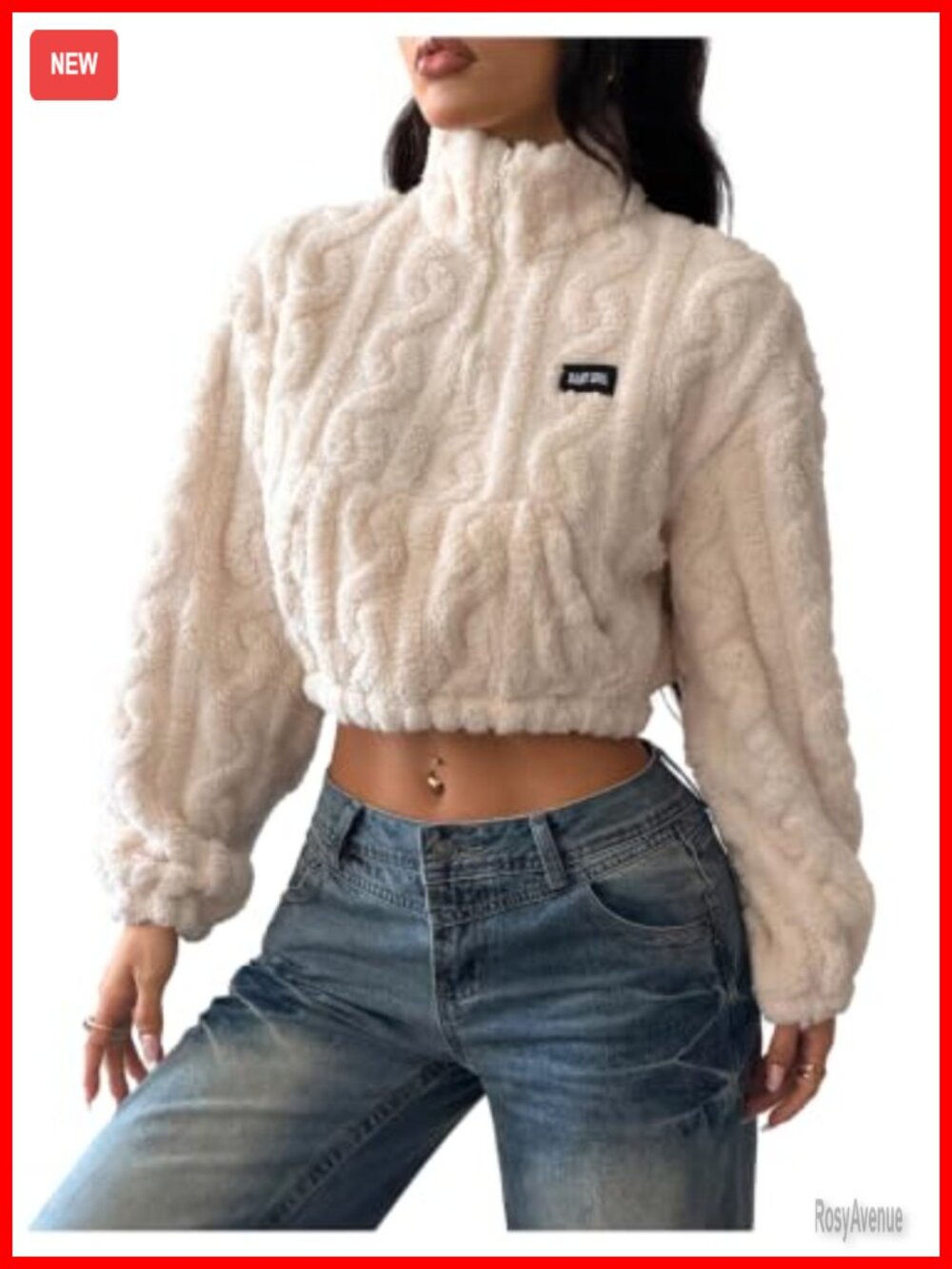Fuzzy Fleece Crop Sweatshirt Half Zip Mock Neck Pullover